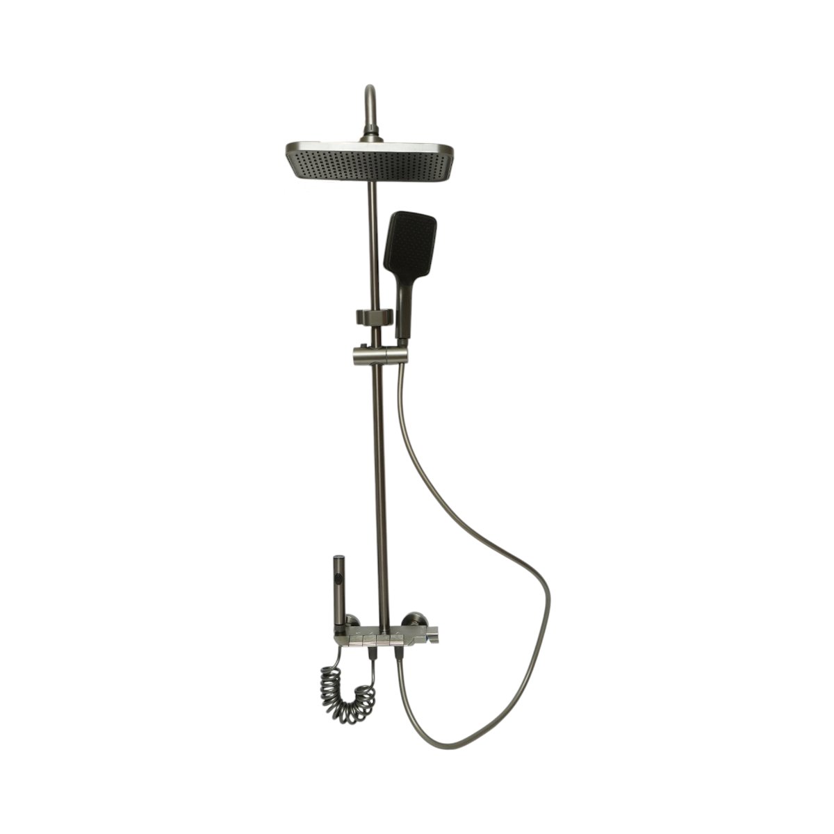 Set dus multifunctional cu termostat, 4 functii de curgere a apei, pipa cada, dus dreptunghiular tip ploaie, para de dus, dus bideu, grafit mat, aluminiu - imagine 3