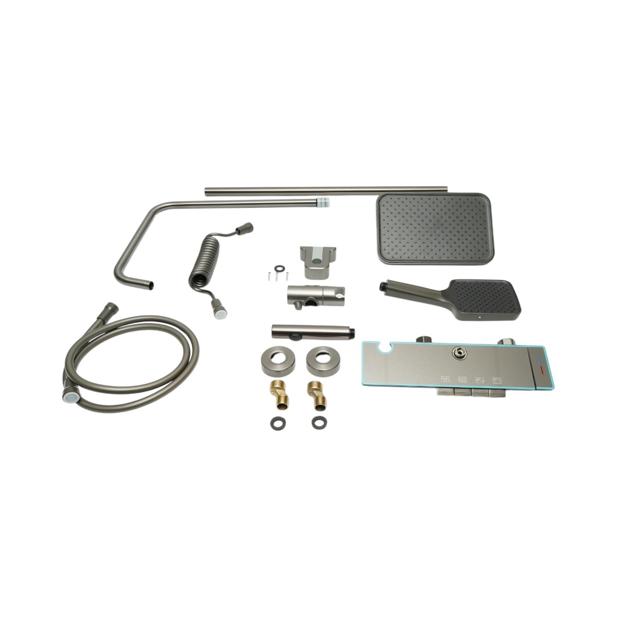 Set dus multifunctional cu termostat, afisaj digital temperatura, 4 functii de curgere a apei, pipa cada, dus dreptunghiular tip ploaie, para de dus, dus bideu, grafit mat, aluminiu - imagine 2