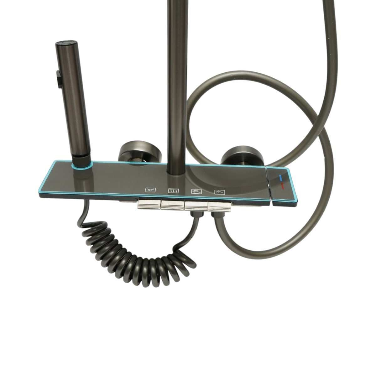 Set dus multifunctional cu termostat, afisaj digital temperatura, 4 functii de curgere a apei, pipa cada, dus dreptunghiular tip ploaie, para de dus, dus bideu, grafit mat, aluminiu - imagine 5