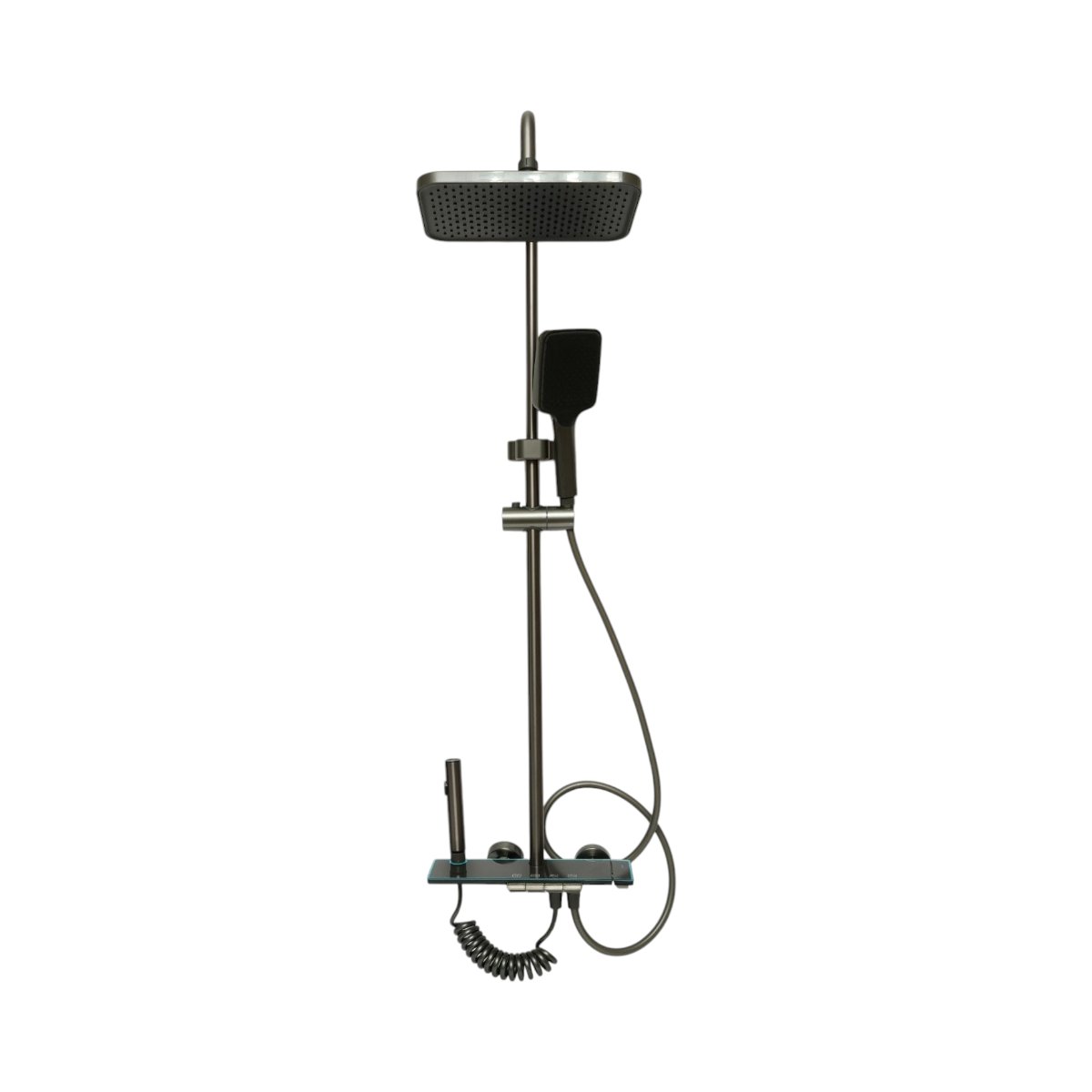 Set dus multifunctional cu termostat, afisaj digital temperatura, 4 functii de curgere a apei, pipa cada, dus dreptunghiular tip ploaie, para de dus, dus bideu, grafit mat, aluminiu - imagine 3
