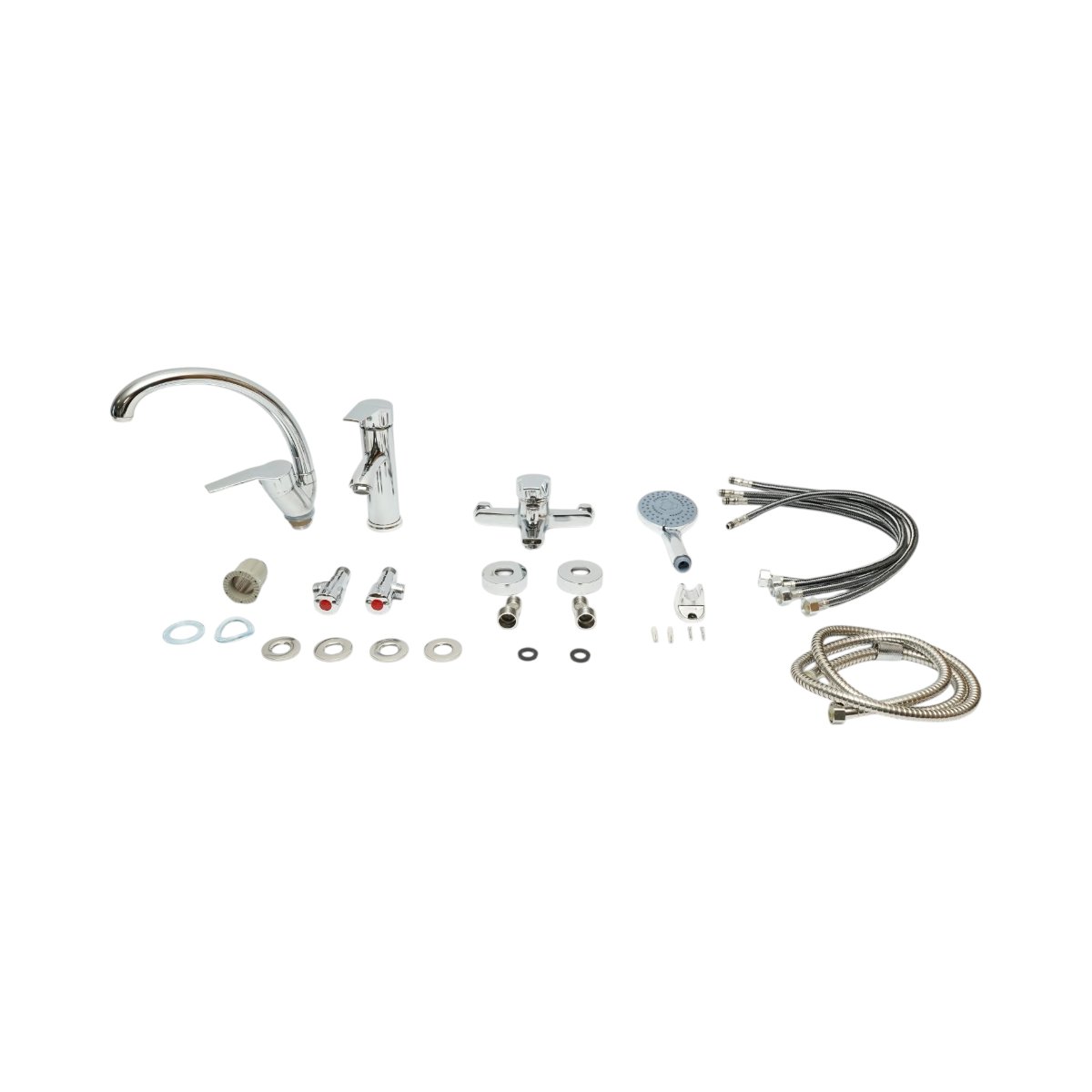 Set baterii baie si bucatarie 3 in 1, baterie cada cu para dus si furtun, baterie lavoar, baterie chiuveta bucatarie, monocomanda, crom lucios, aliaj zinc, furtunuri incluse - imagine 2