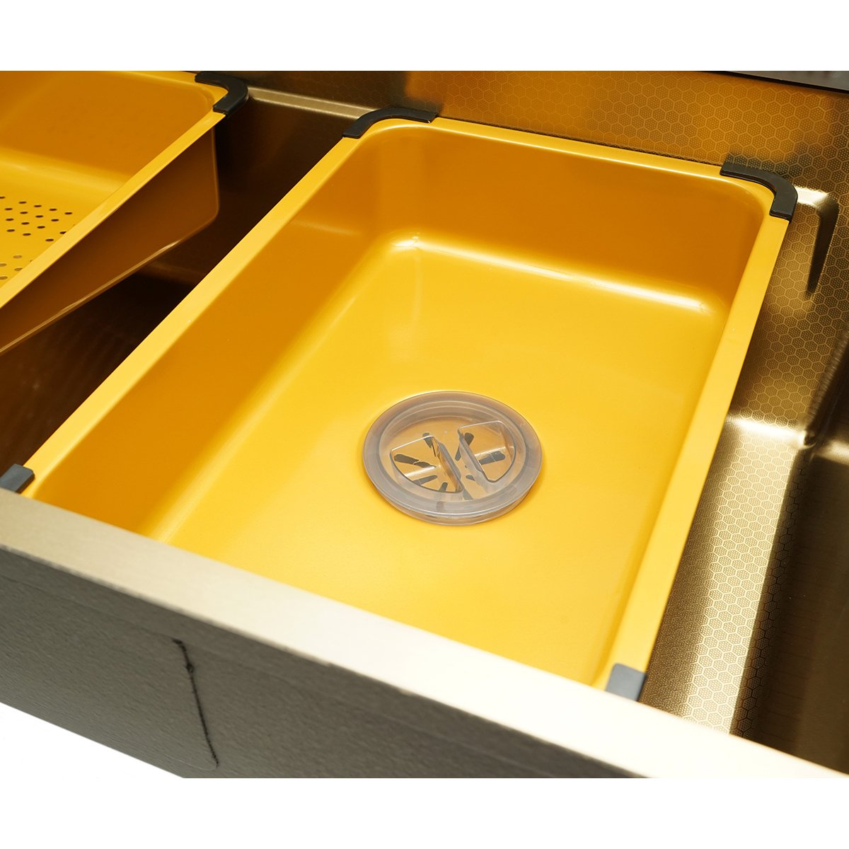 Chiuveta bucatarie multifunctionala din otel inoxidabil auriu PVD cu doua baterii, afisaj digital temperatura, doua cascade, dozator detergent, spalator pahare, scurgator, tava, tocator si accesorii incluse 75x46x22cm - imagine 9