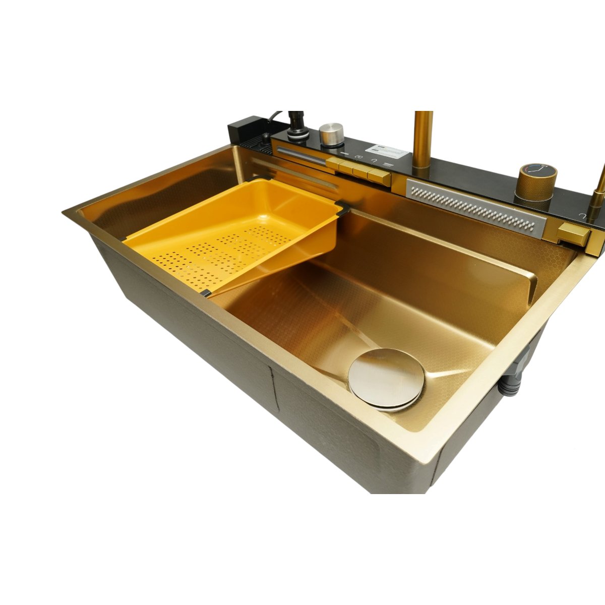 Chiuveta bucatarie multifunctionala din otel inoxidabil auriu PVD cu doua baterii, afisaj digital temperatura, doua cascade, dozator detergent, spalator pahare, scurgator, tava, tocator si accesorii incluse 75x46x22cm - imagine 8