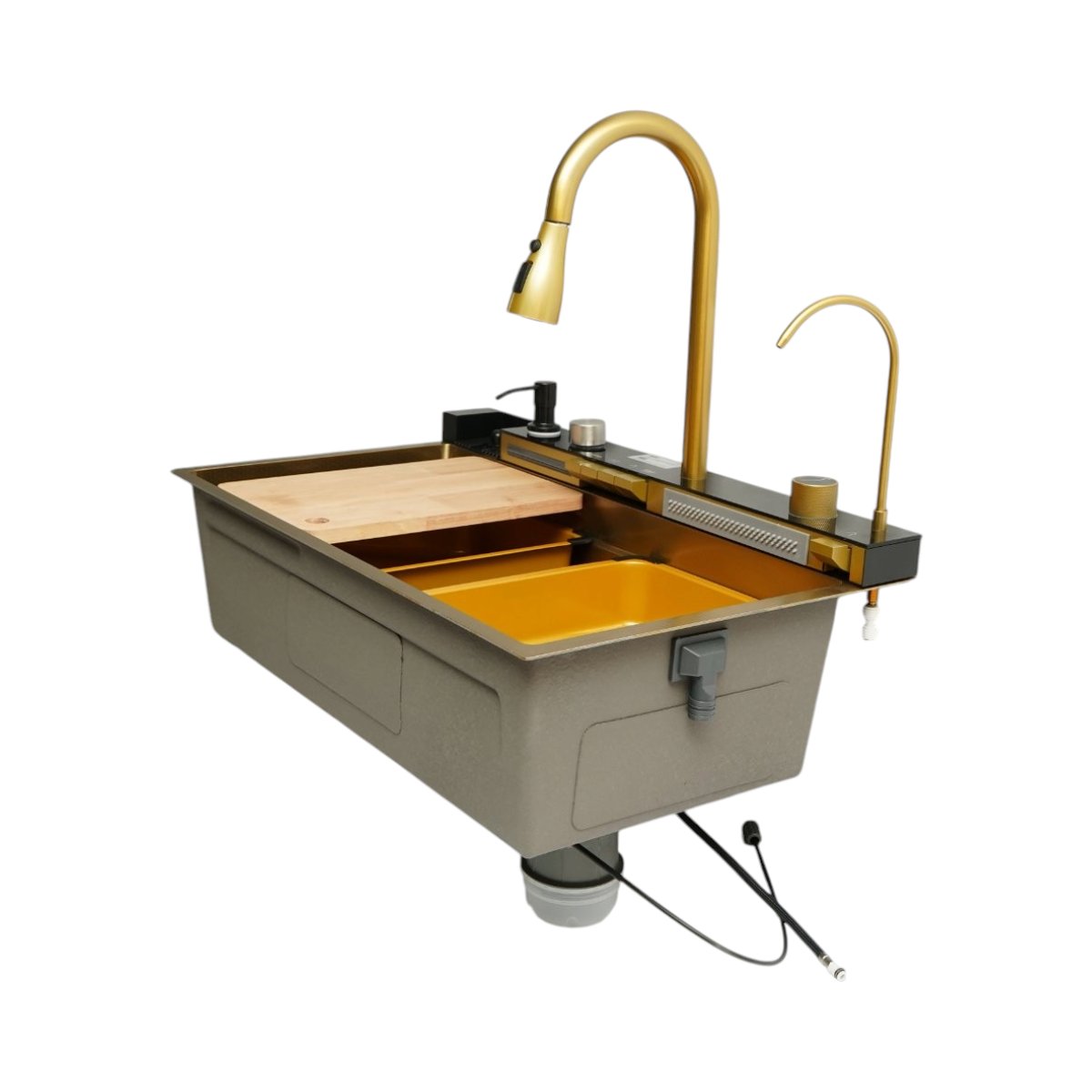 Chiuveta bucatarie multifunctionala din otel inoxidabil auriu PVD cu doua baterii, afisaj digital temperatura, doua cascade, dozator detergent, spalator pahare, scurgator, tava, tocator si accesorii incluse 75x46x22cm - imagine 5