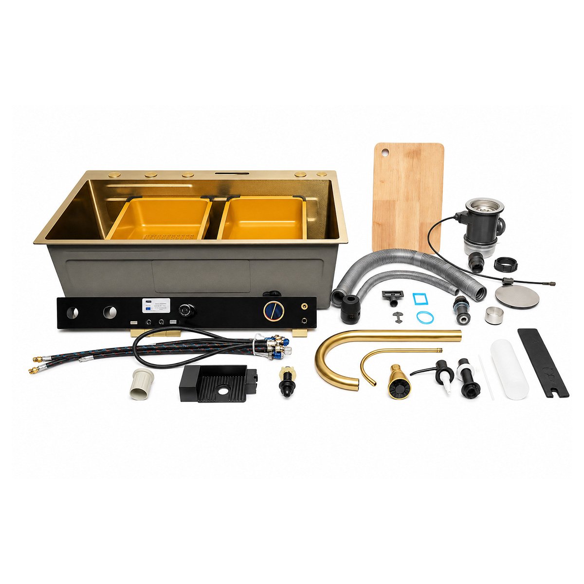 Chiuveta bucatarie multifunctionala din otel inoxidabil auriu PVD cu doua baterii, afisaj digital temperatura, doua cascade, dozator detergent, spalator pahare, scurgator, tava, tocator si accesorii incluse 75x46x22cm - imagine 4