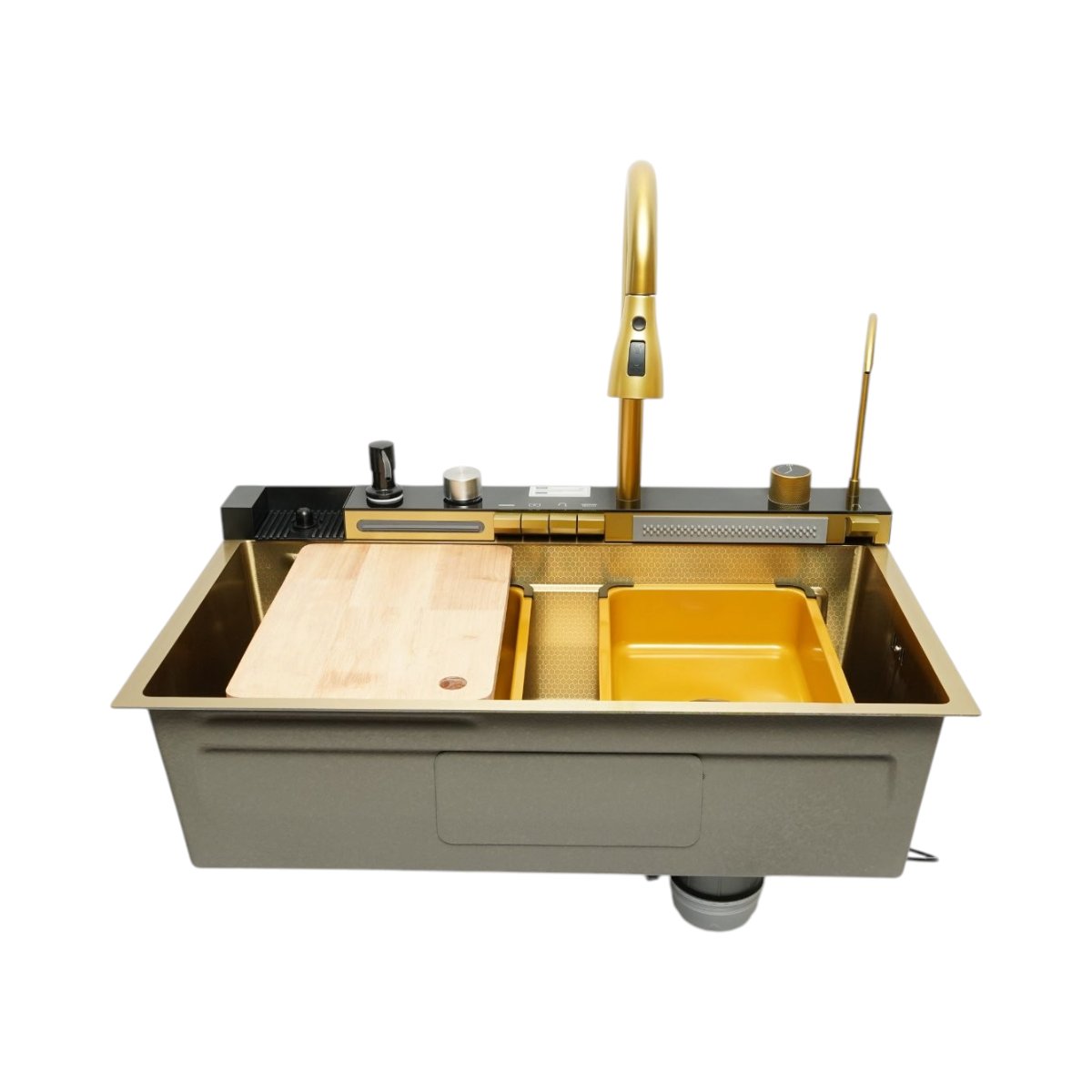 Chiuveta bucatarie multifunctionala din otel inoxidabil auriu PVD cu doua baterii, afisaj digital temperatura, doua cascade, dozator detergent, spalator pahare, scurgator, tava, tocator si accesorii incluse 75x46x22cm
