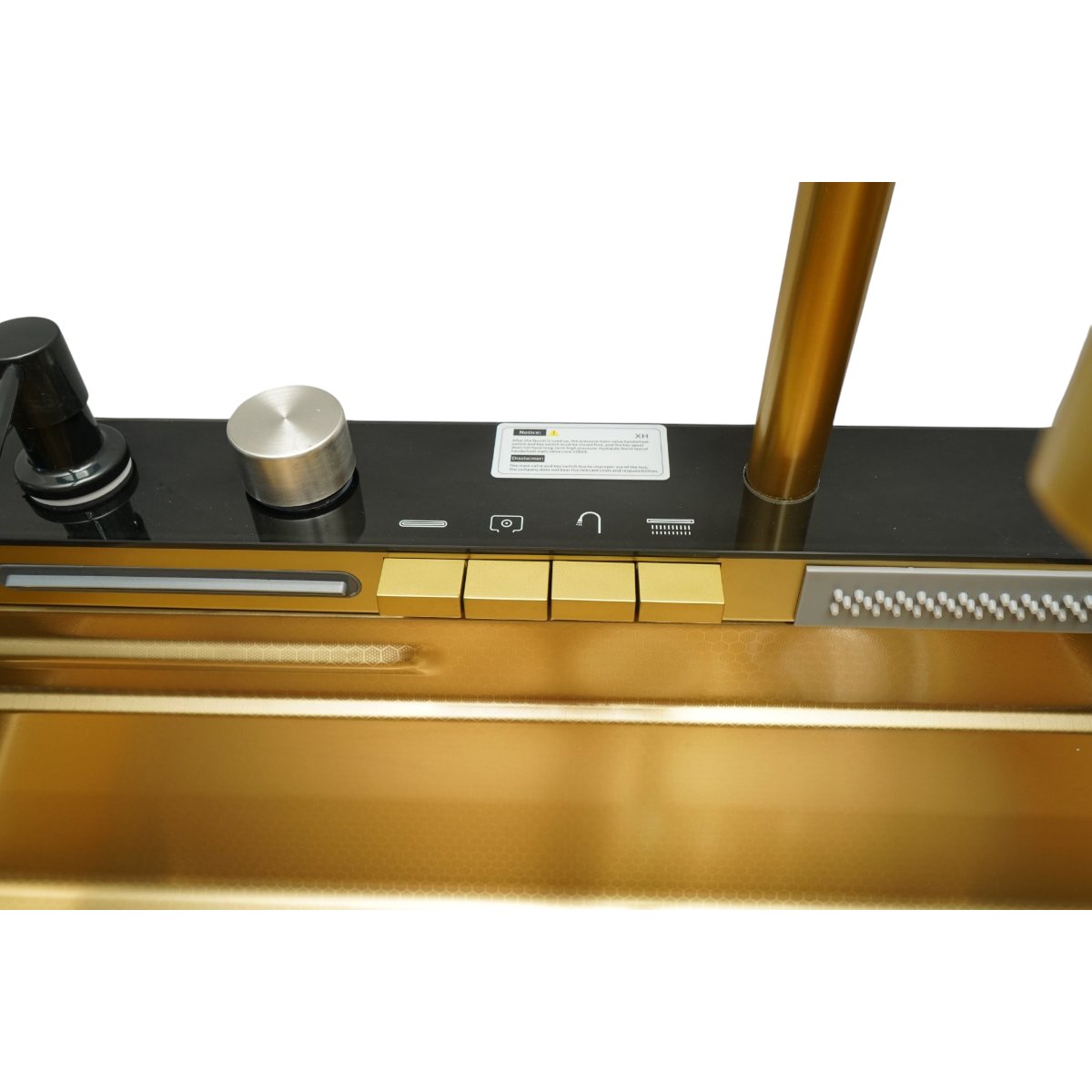 Chiuveta bucatarie multifunctionala din otel inoxidabil auriu PVD cu doua baterii, afisaj digital temperatura, doua cascade, dozator detergent, spalator pahare, scurgator, tava, tocator si accesorii incluse 75x46x22cm - imagine 11