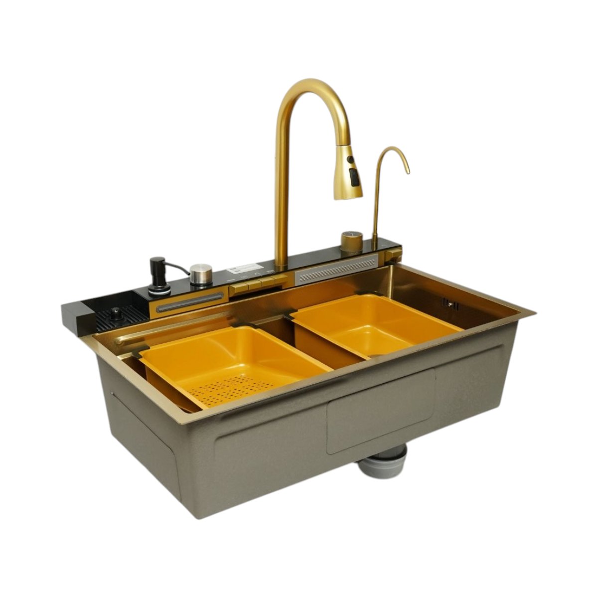 Chiuveta bucatarie multifunctionala din otel inoxidabil auriu PVD cu doua baterii, afisaj digital temperatura, doua cascade, dozator detergent, spalator pahare, scurgator, tava, tocator si accesorii incluse 75x46x22cm - imagine 6