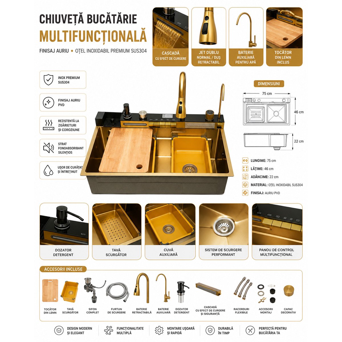 Chiuveta bucatarie multifunctionala din otel inoxidabil auriu PVD cu doua baterii, afisaj digital temperatura, doua cascade, dozator detergent, spalator pahare, scurgator, tava, tocator si accesorii incluse 75x46x22cm - imagine 2