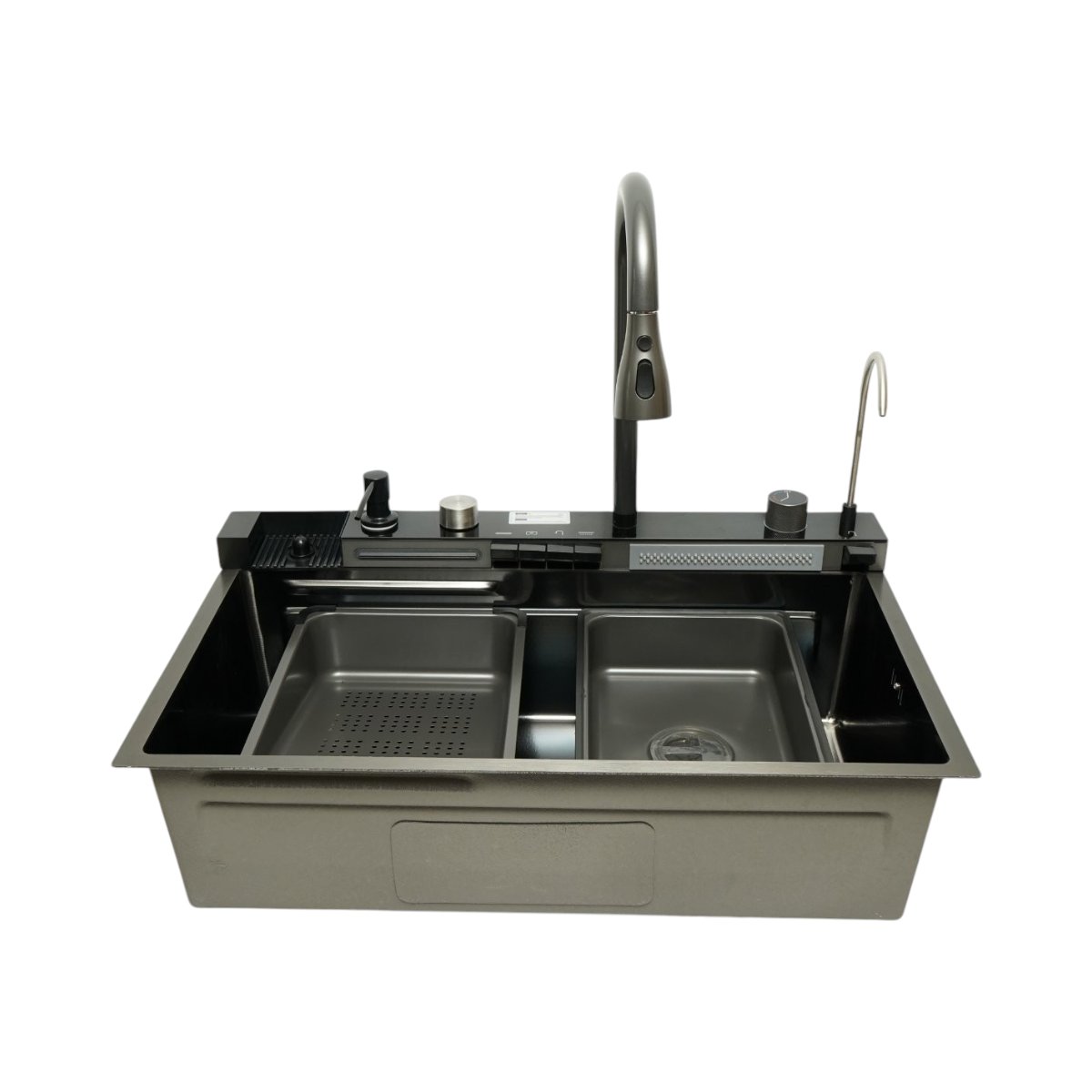 Chiuveta bucatarie multifunctionala din otel inoxidabil grafit mat PVD cu doua baterii, afisaj digital temperatura, doua cascade, dozator detergent, spalator pahare, scurgator, tava, tocator si accesorii incluse 75x46x22cm - imagine 7