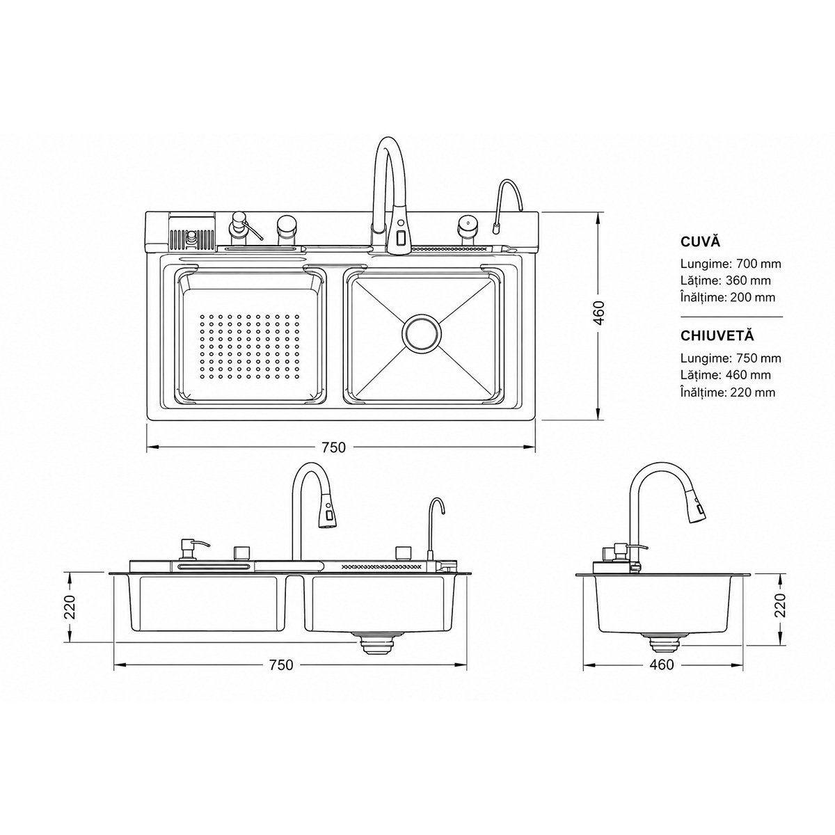 Chiuveta bucatarie multifunctionala din otel inoxidabil grafit mat PVD cu doua baterii, afisaj digital temperatura, doua cascade, dozator detergent, spalator pahare, scurgator, tava, tocator si accesorii incluse 75x46x22cm - imagine 3
