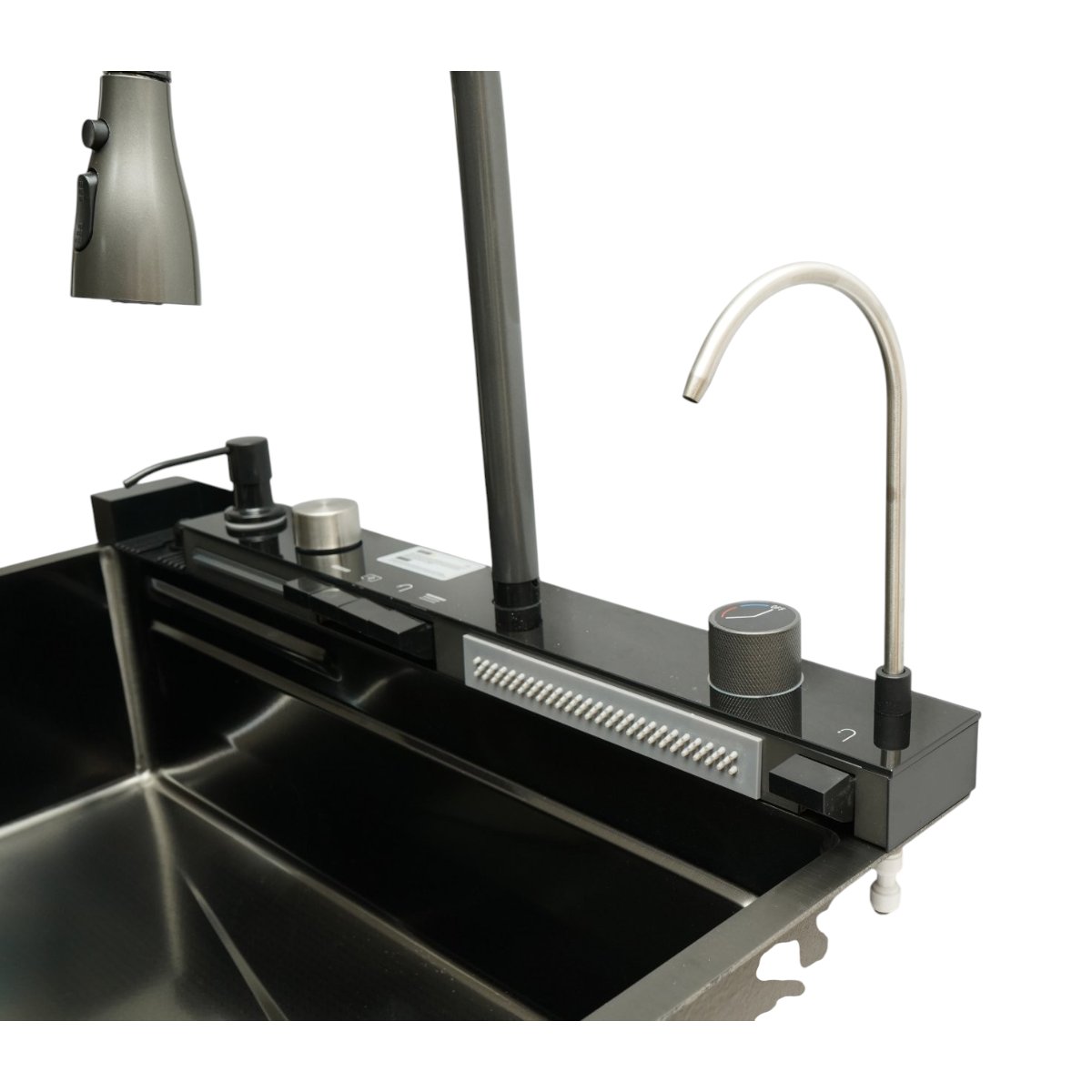 Chiuveta bucatarie multifunctionala din otel inoxidabil grafit mat PVD cu doua baterii, afisaj digital temperatura, doua cascade, dozator detergent, spalator pahare, scurgator, tava, tocator si accesorii incluse 75x46x22cm - imagine 12