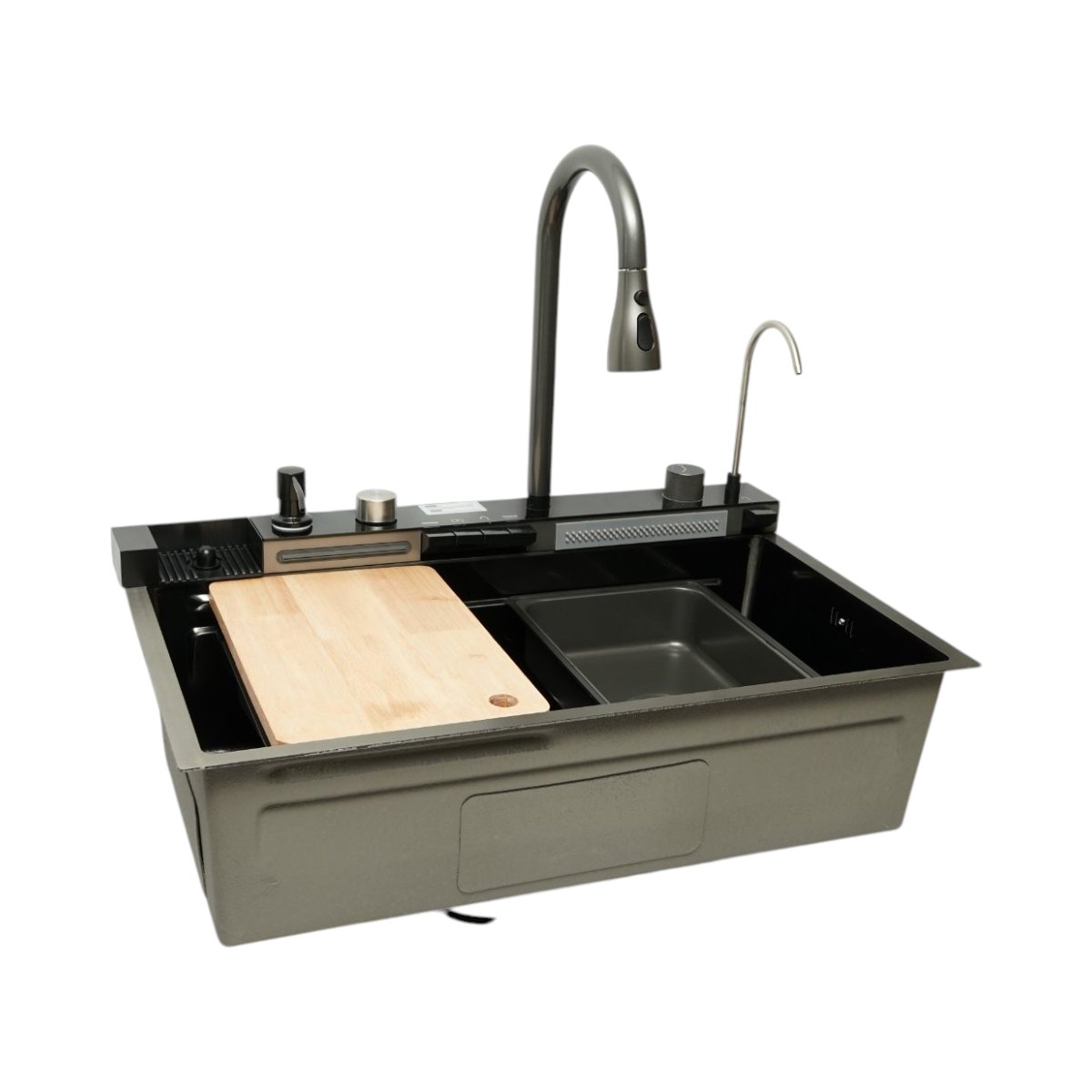 Chiuveta bucatarie multifunctionala din otel inoxidabil grafit mat PVD cu doua baterii, afisaj digital temperatura, doua cascade, dozator detergent, spalator pahare, scurgator, tava, tocator si accesorii incluse 75x46x22cm - imagine 5