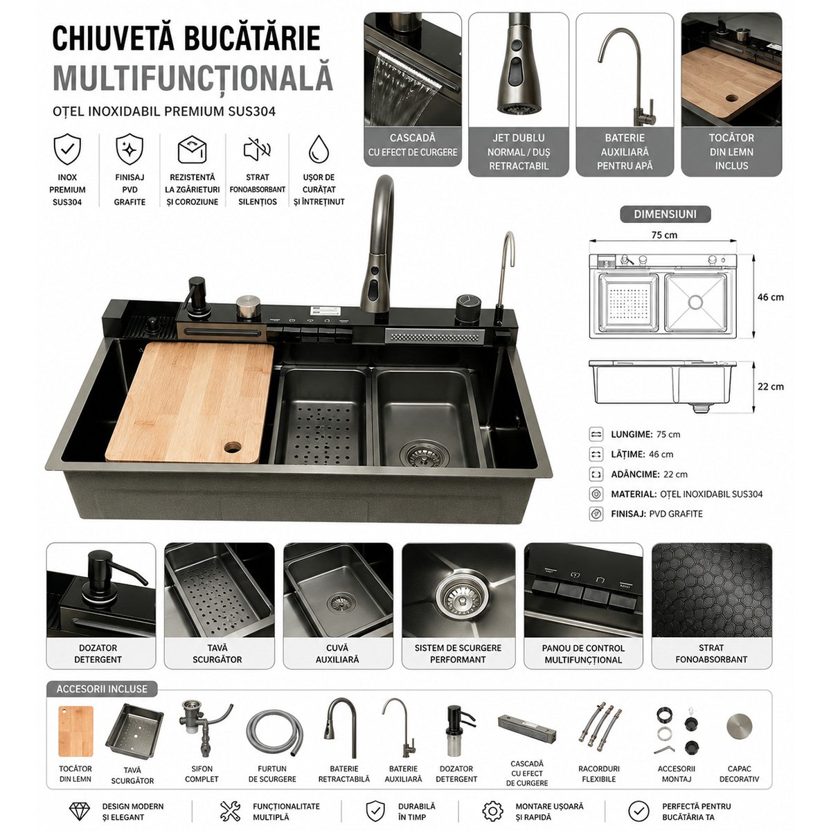 Chiuveta bucatarie multifunctionala din otel inoxidabil grafit mat PVD cu doua baterii, afisaj digital temperatura, doua cascade, dozator detergent, spalator pahare, scurgator, tava, tocator si accesorii incluse 75x46x22cm - imagine 2