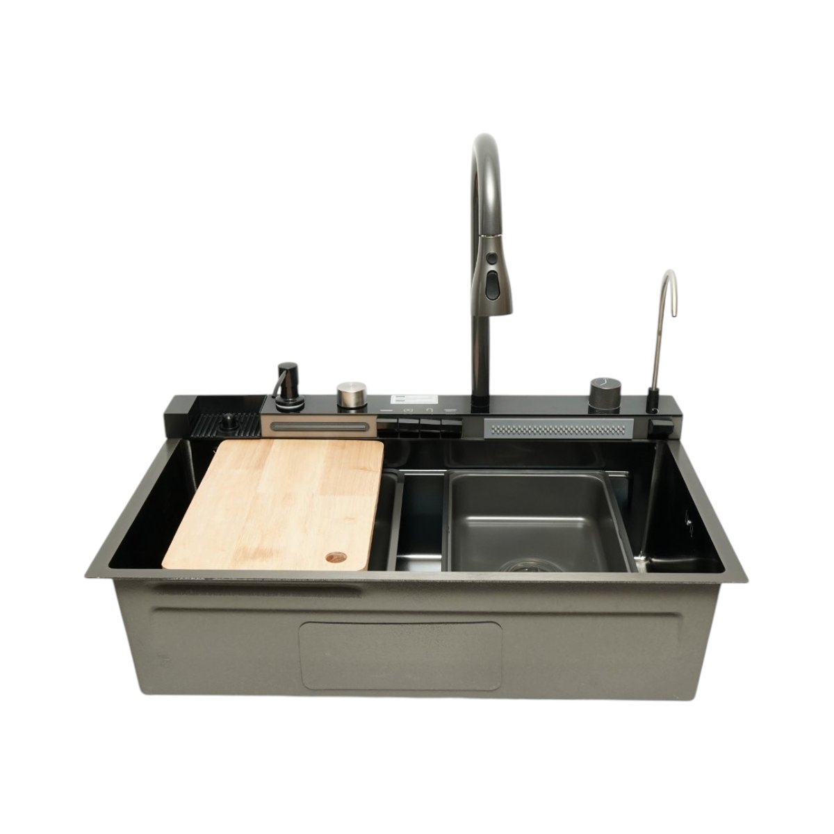 Chiuveta bucatarie multifunctionala din otel inoxidabil grafit mat PVD cu doua baterii, afisaj digital temperatura, doua cascade, dozator detergent, spalator pahare, scurgator, tava, tocator si accesorii incluse 75x46x22cm