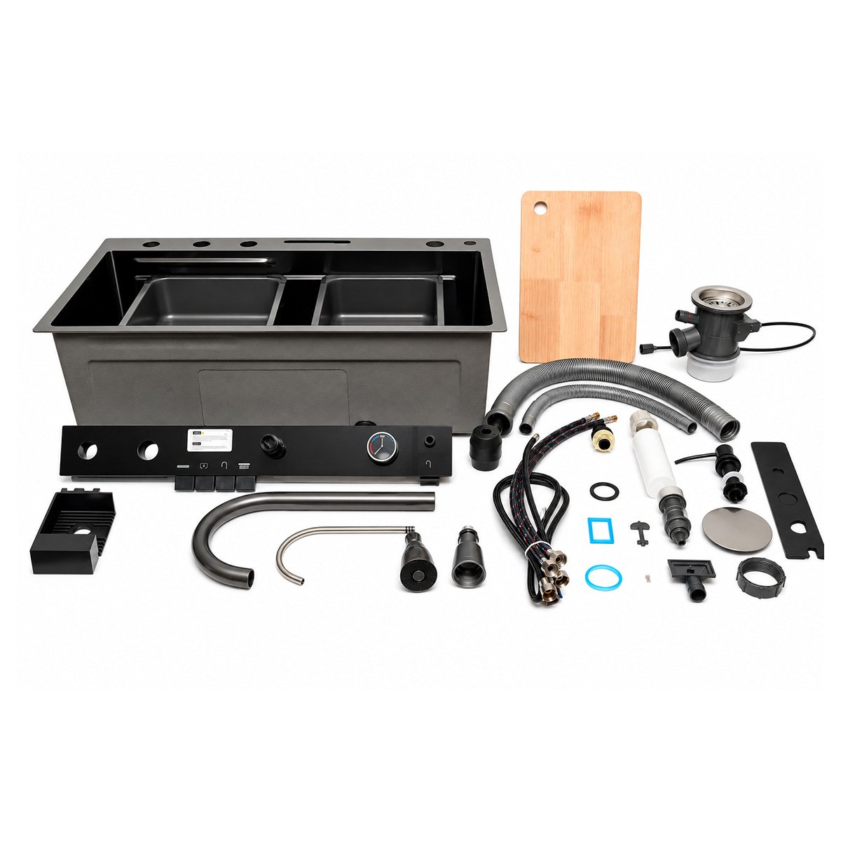 Chiuveta bucatarie multifunctionala din otel inoxidabil grafit mat PVD cu doua baterii, afisaj digital temperatura, doua cascade, dozator detergent, spalator pahare, scurgator, tava, tocator si accesorii incluse 75x46x22cm - imagine 4
