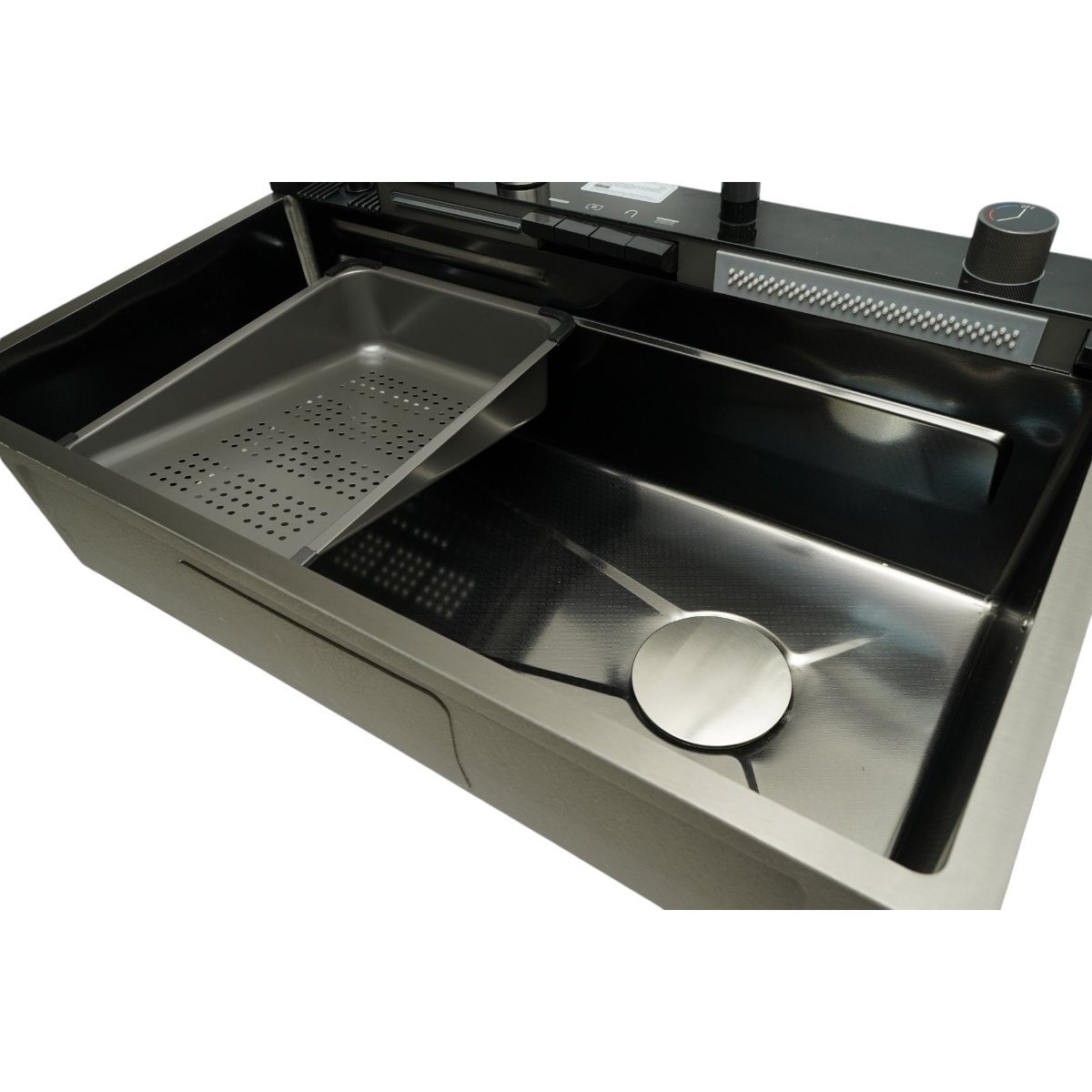 Chiuveta bucatarie multifunctionala din otel inoxidabil grafit mat PVD cu doua baterii, afisaj digital temperatura, doua cascade, dozator detergent, spalator pahare, scurgator, tava, tocator si accesorii incluse 75x46x22cm - imagine 9