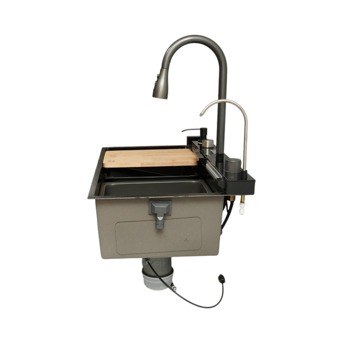 Chiuveta bucatarie multifunctionala din otel inoxidabil grafit mat PVD cu doua baterii, afisaj digital temperatura, doua cascade, dozator detergent, spalator pahare, scurgator, tava, tocator si accesorii incluse 75x46x22cm - imagine 6