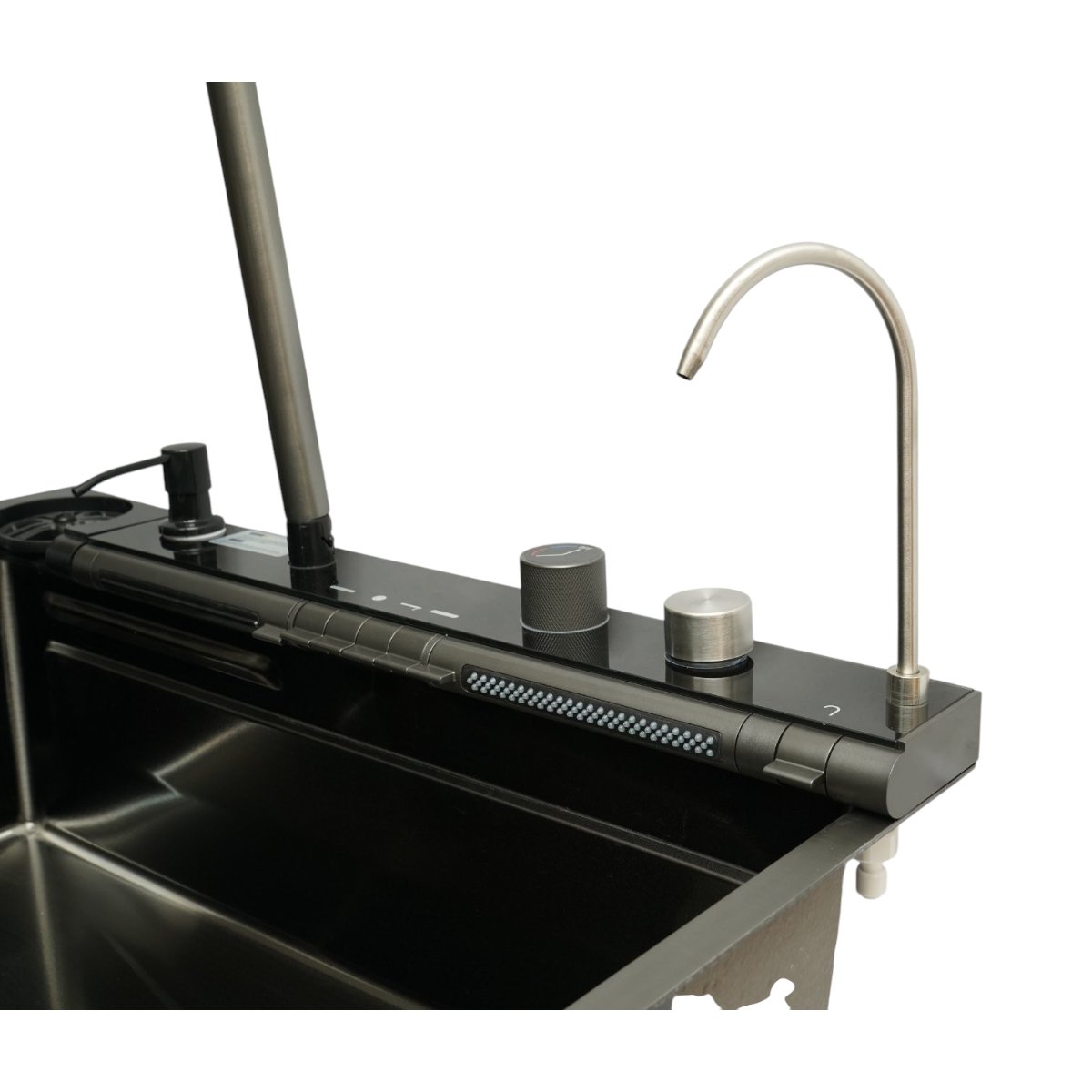 Chiuveta bucatarie multifunctionala din otel inoxidabil grafit mat PVD cu doua baterii, afisaj digital temperatura, doua cascade, dozator detergent, spalator pahare, scurgator, tava, tocator si accesorii incluse 75x46x22cm - imagine 11