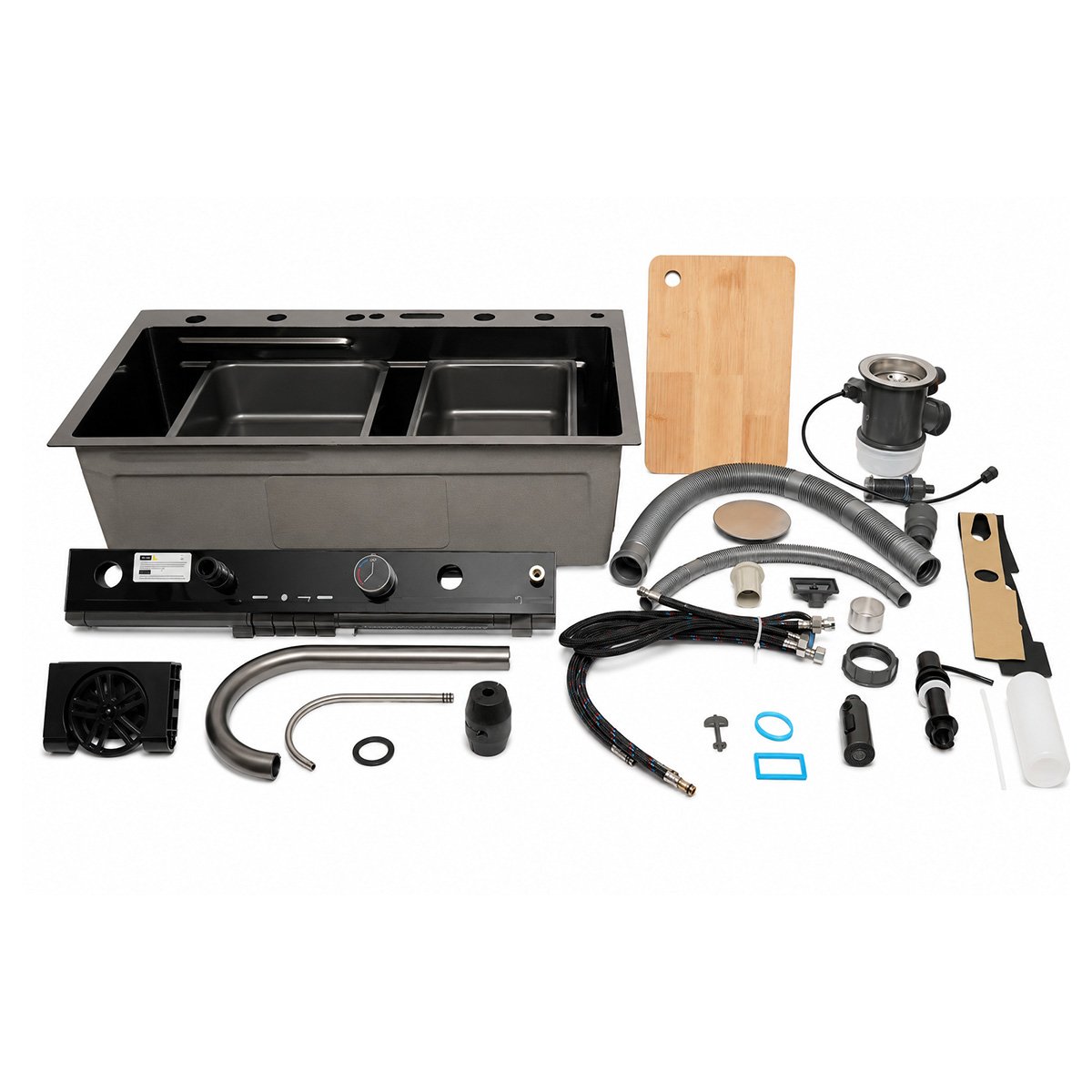 Chiuveta bucatarie multifunctionala din otel inoxidabil grafit mat PVD cu doua baterii, afisaj digital temperatura, doua cascade, dozator detergent, spalator pahare, scurgator, tava, tocator si accesorii incluse 75x46x22cm - imagine 4