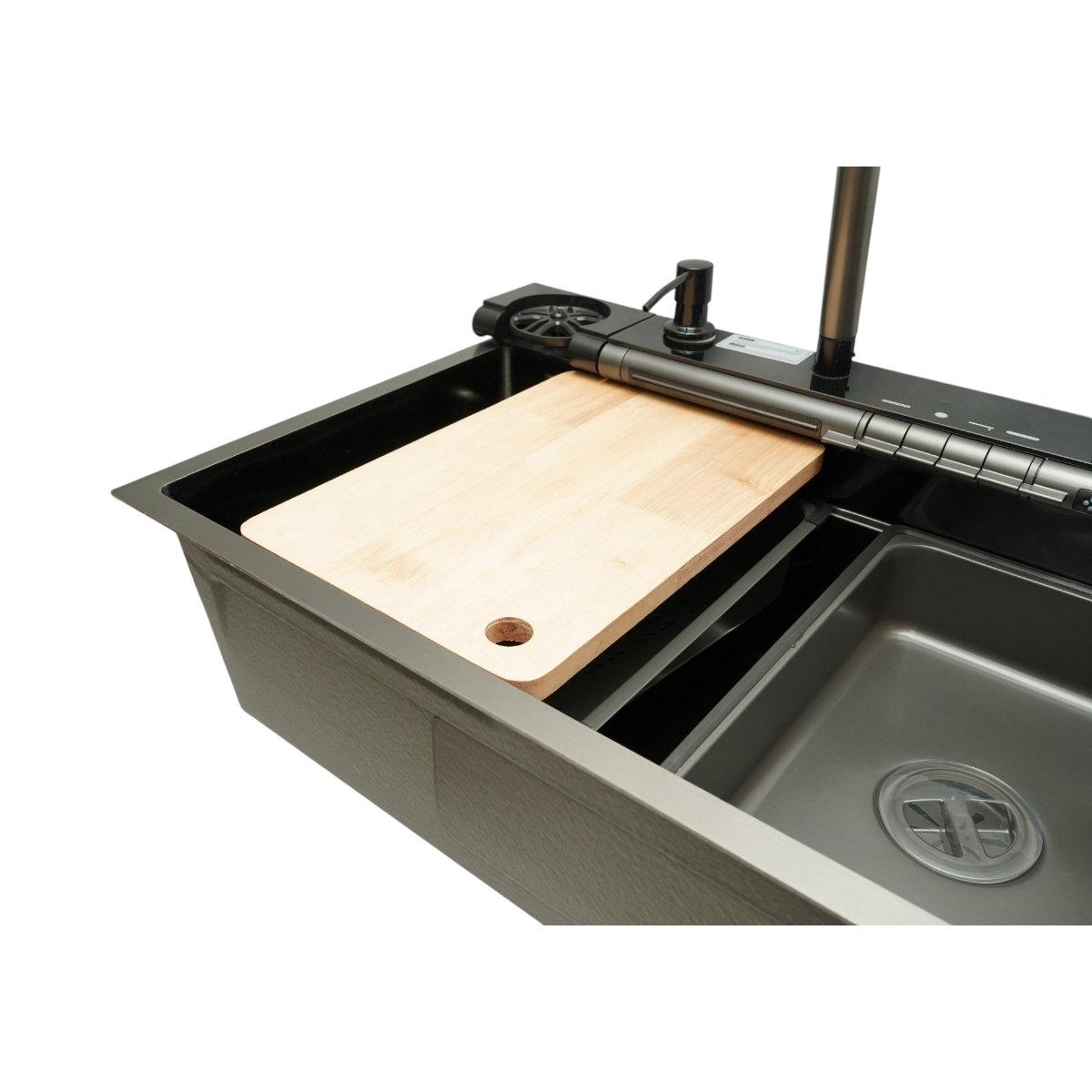 Chiuveta bucatarie multifunctionala din otel inoxidabil grafit mat PVD cu doua baterii, afisaj digital temperatura, doua cascade, dozator detergent, spalator pahare, scurgator, tava, tocator si accesorii incluse 75x46x22cm - imagine 8