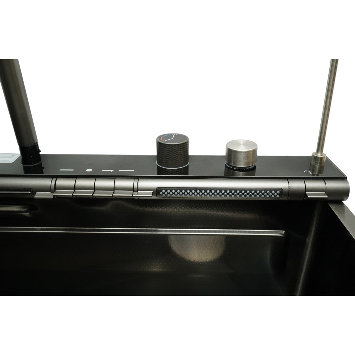 Chiuveta bucatarie multifunctionala din otel inoxidabil grafit mat PVD cu doua baterii, afisaj digital temperatura, doua cascade, dozator detergent, spalator pahare, scurgator, tava, tocator si accesorii incluse 75x46x22cm - imagine 10