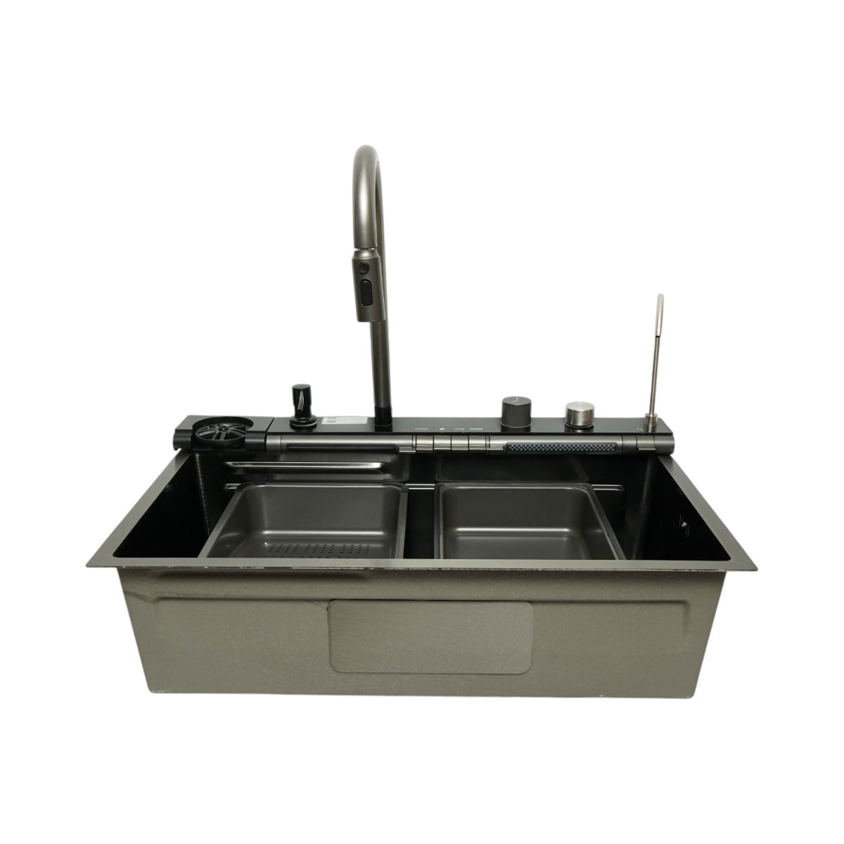 Chiuveta bucatarie multifunctionala din otel inoxidabil grafit mat PVD cu doua baterii, afisaj digital temperatura, doua cascade, dozator detergent, spalator pahare, scurgator, tava, tocator si accesorii incluse 75x46x22cm - imagine 7