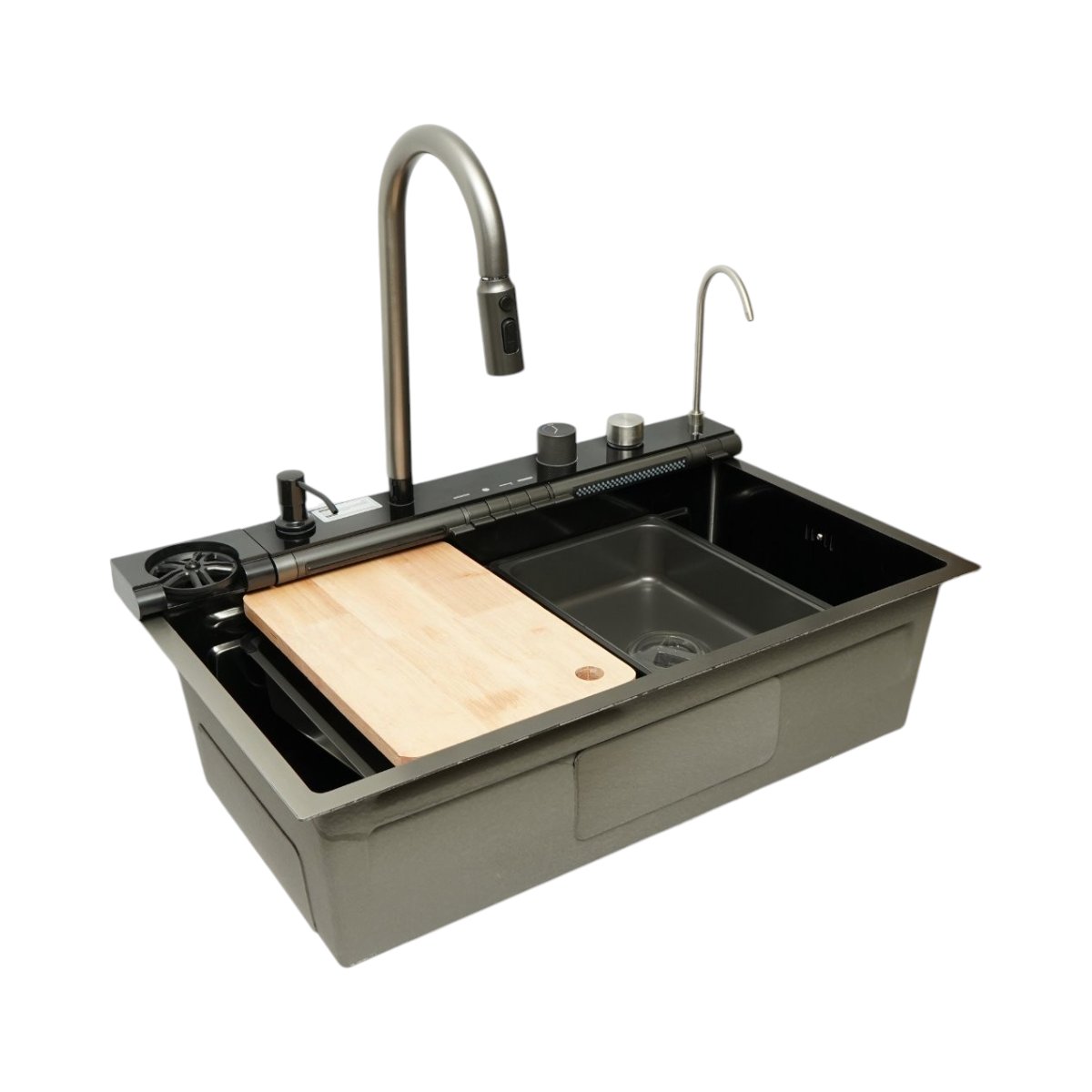 Chiuveta bucatarie multifunctionala din otel inoxidabil grafit mat PVD cu doua baterii, afisaj digital temperatura, doua cascade, dozator detergent, spalator pahare, scurgator, tava, tocator si accesorii incluse 75x46x22cm - imagine 5