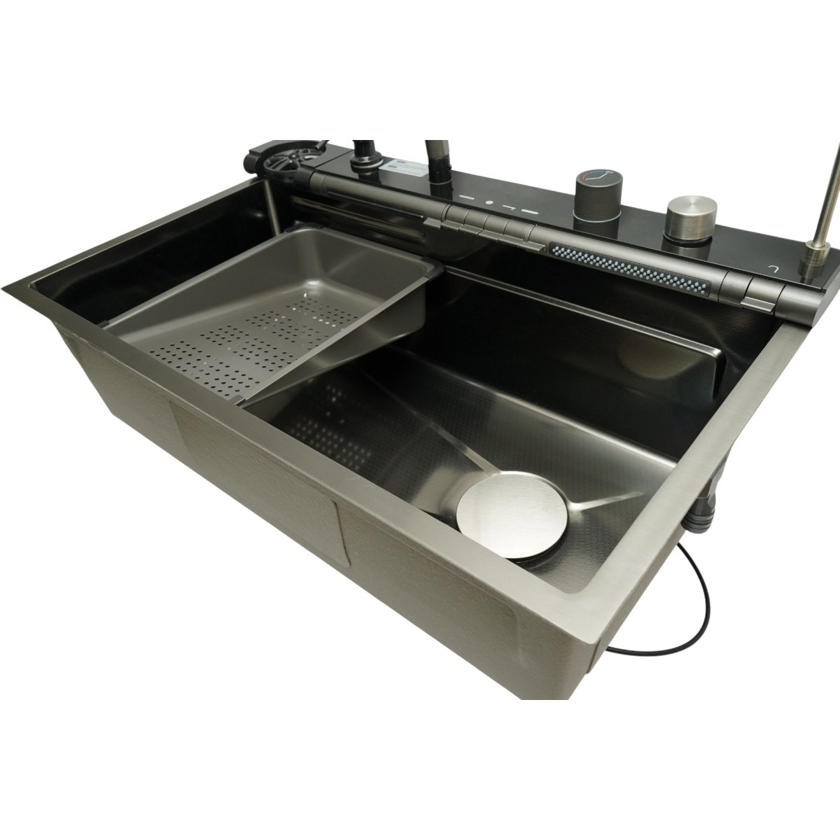 Chiuveta bucatarie multifunctionala din otel inoxidabil grafit mat PVD cu doua baterii, afisaj digital temperatura, doua cascade, dozator detergent, spalator pahare, scurgator, tava, tocator si accesorii incluse 75x46x22cm - imagine 9