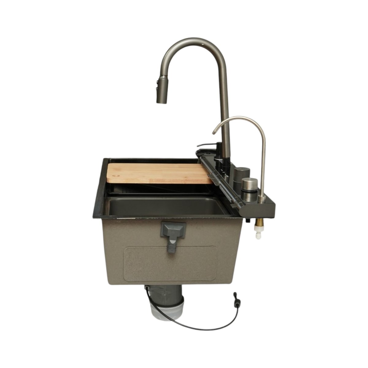 Chiuveta bucatarie multifunctionala din otel inoxidabil grafit mat PVD cu doua baterii, afisaj digital temperatura, doua cascade, dozator detergent, spalator pahare, scurgator, tava, tocator si accesorii incluse 75x46x22cm - imagine 6