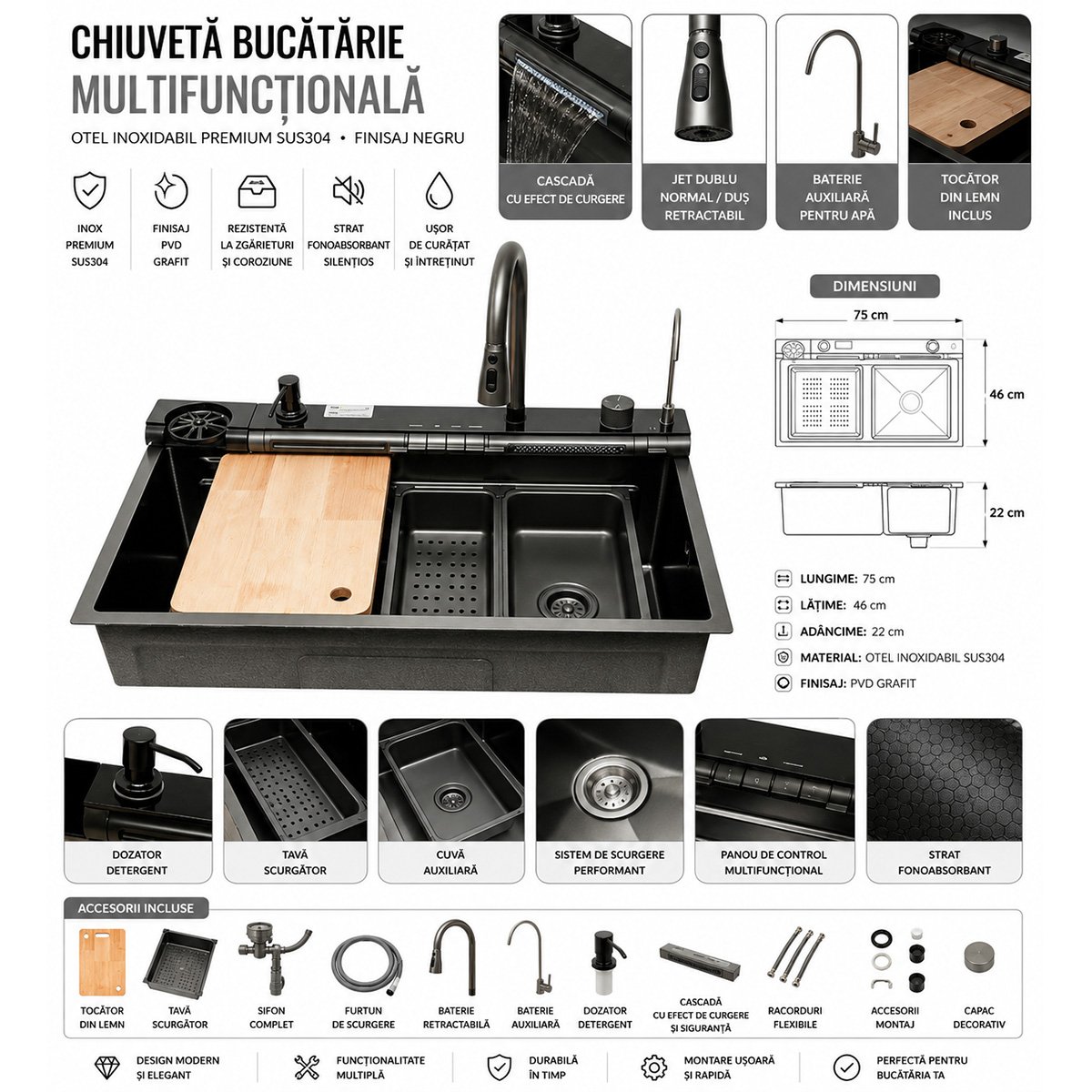 Chiuveta bucatarie multifunctionala din otel inoxidabil grafit mat PVD cu doua baterii, afisaj digital temperatura, doua cascade, dozator detergent, spalator pahare, scurgator, tava, tocator si accesorii incluse 75x46x22cm - imagine 2