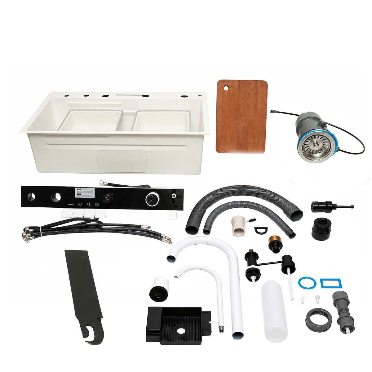 Chiuveta bucatarie multifunctionala din otel inoxidabil alb mat PVD cu doua baterii, afisaj digital temperatura, doua cascade, dozator detergent, spalator pahare, scurgator, tava, tocator si accesorii incluse 75x46x22cm - imagine 4