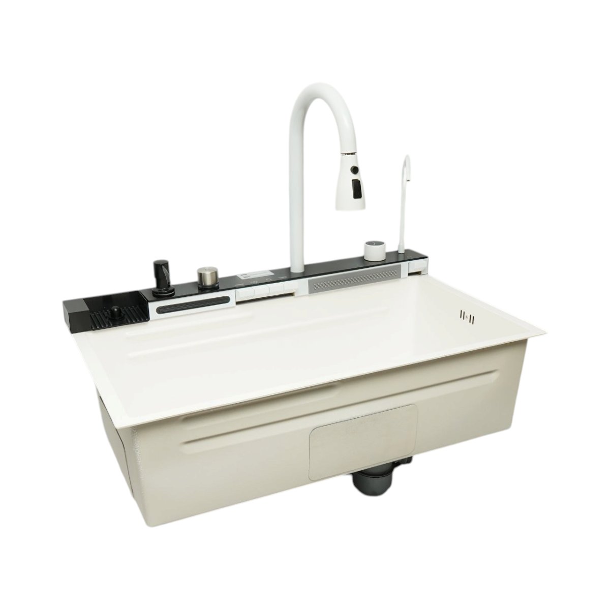 Chiuveta bucatarie multifunctionala din otel inoxidabil alb mat PVD cu doua baterii, afisaj digital temperatura, doua cascade, dozator detergent, spalator pahare, scurgator, tava, tocator si accesorii incluse 75x46x22cm - imagine 6