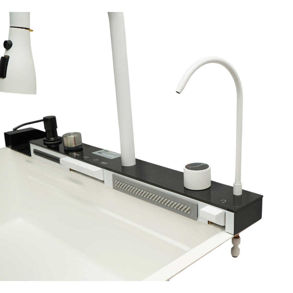 Chiuveta bucatarie multifunctionala din otel inoxidabil alb mat PVD cu doua baterii, afisaj digital temperatura, doua cascade, dozator detergent, spalator pahare, scurgator, tava, tocator si accesorii incluse 75x46x22cm - imagine 9