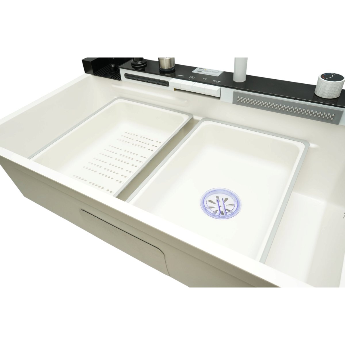 Chiuveta bucatarie multifunctionala din otel inoxidabil alb mat PVD cu doua baterii, afisaj digital temperatura, doua cascade, dozator detergent, spalator pahare, scurgator, tava, tocator si accesorii incluse 75x46x22cm - imagine 10