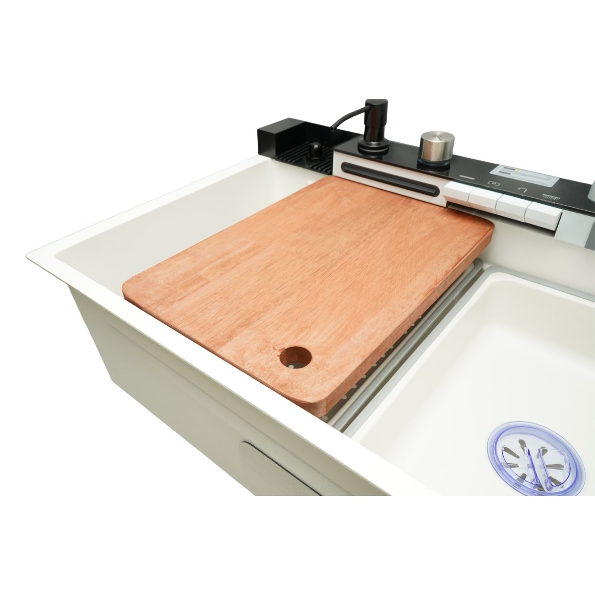 Chiuveta bucatarie multifunctionala din otel inoxidabil alb mat PVD cu doua baterii, afisaj digital temperatura, doua cascade, dozator detergent, spalator pahare, scurgator, tava, tocator si accesorii incluse 75x46x22cm - imagine 8