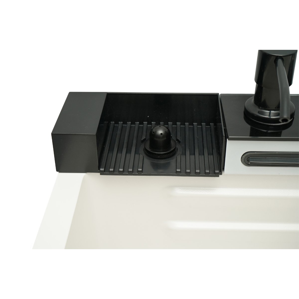 Chiuveta bucatarie multifunctionala din otel inoxidabil alb mat PVD cu doua baterii, afisaj digital temperatura, doua cascade, dozator detergent, spalator pahare, scurgator, tava, tocator si accesorii incluse 75x46x22cm - imagine 12
