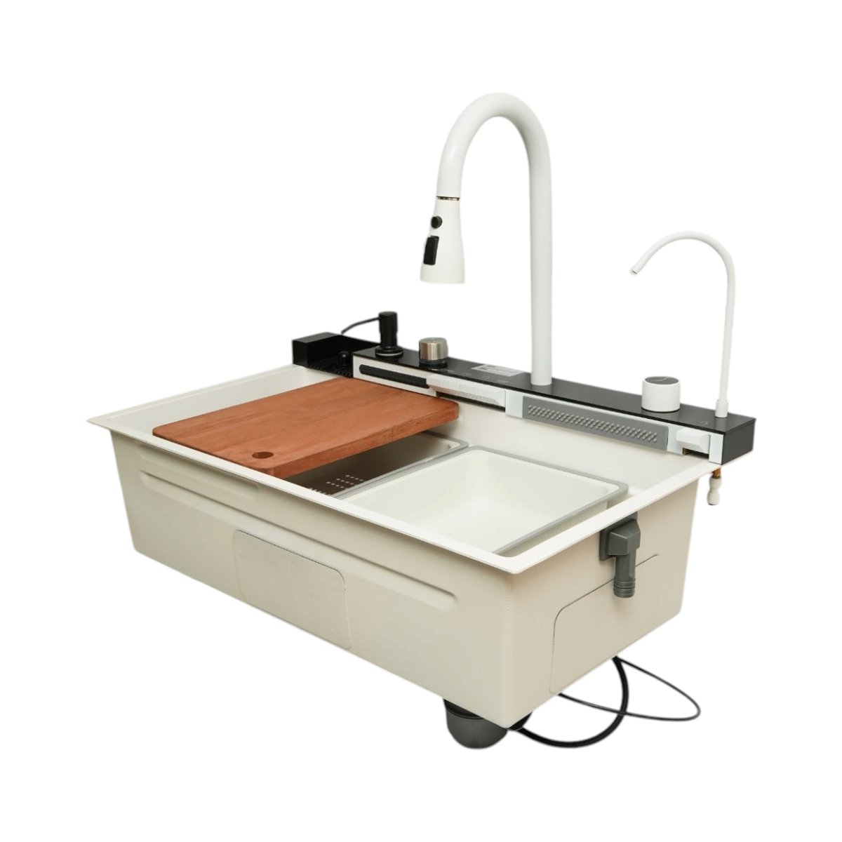 Chiuveta bucatarie multifunctionala din otel inoxidabil alb mat PVD cu doua baterii, afisaj digital temperatura, doua cascade, dozator detergent, spalator pahare, scurgator, tava, tocator si accesorii incluse 75x46x22cm - imagine 5