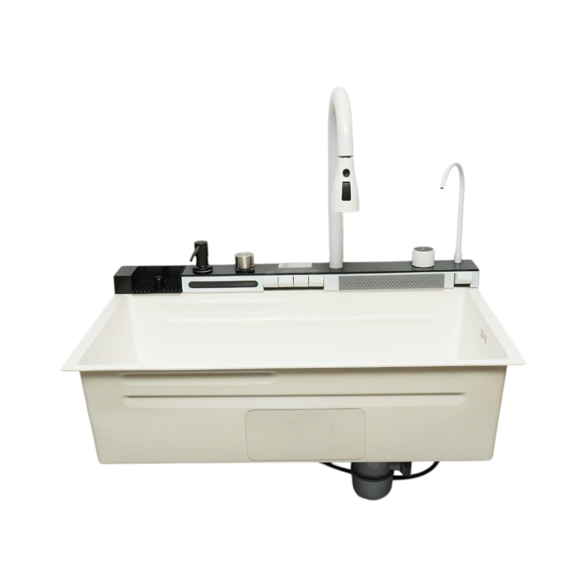 Chiuveta bucatarie multifunctionala din otel inoxidabil alb mat PVD cu doua baterii, afisaj digital temperatura, doua cascade, dozator detergent, spalator pahare, scurgator, tava, tocator si accesorii incluse 75x46x22cm - imagine 7