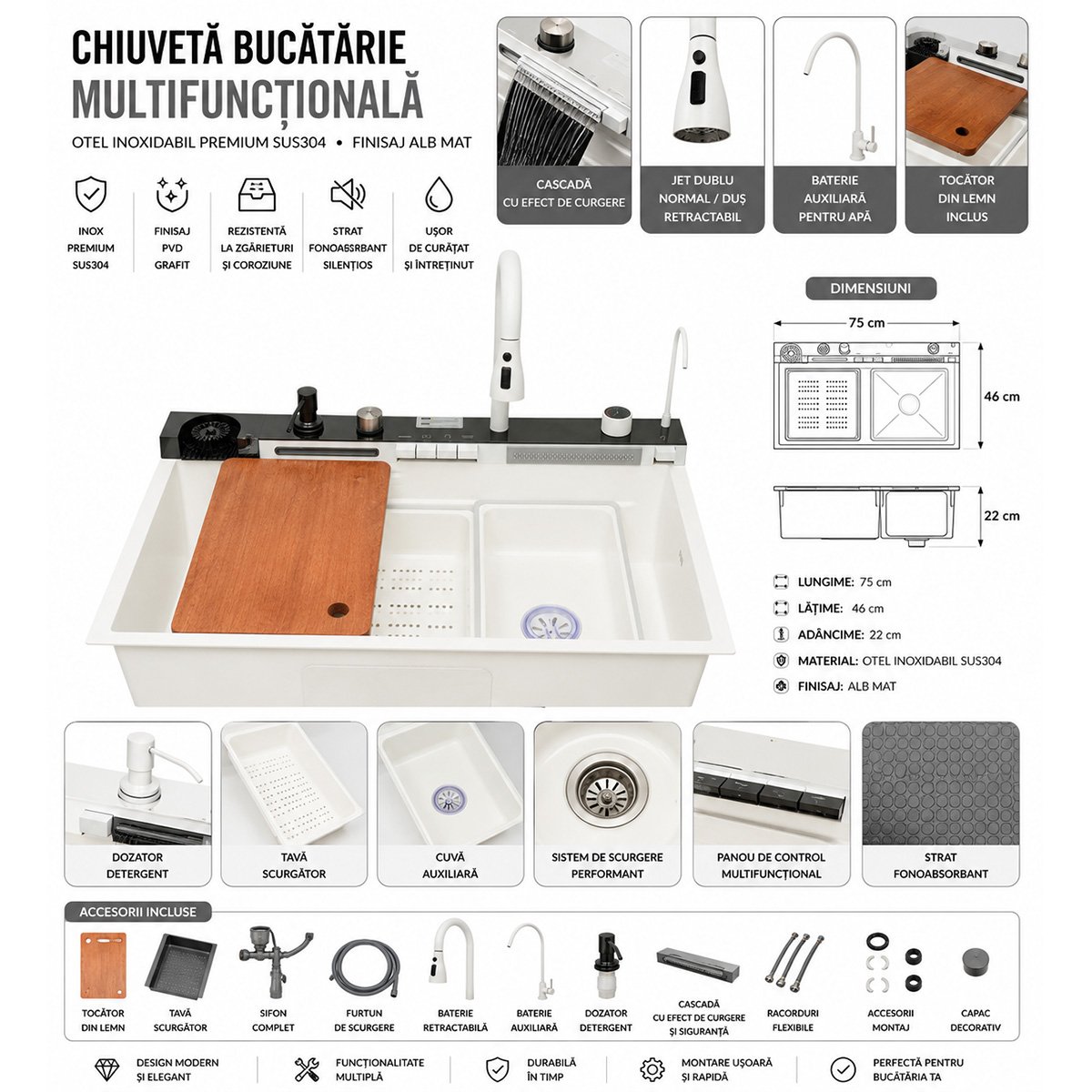 Chiuveta bucatarie multifunctionala din otel inoxidabil alb mat PVD cu doua baterii, afisaj digital temperatura, doua cascade, dozator detergent, spalator pahare, scurgator, tava, tocator si accesorii incluse 75x46x22cm - imagine 2