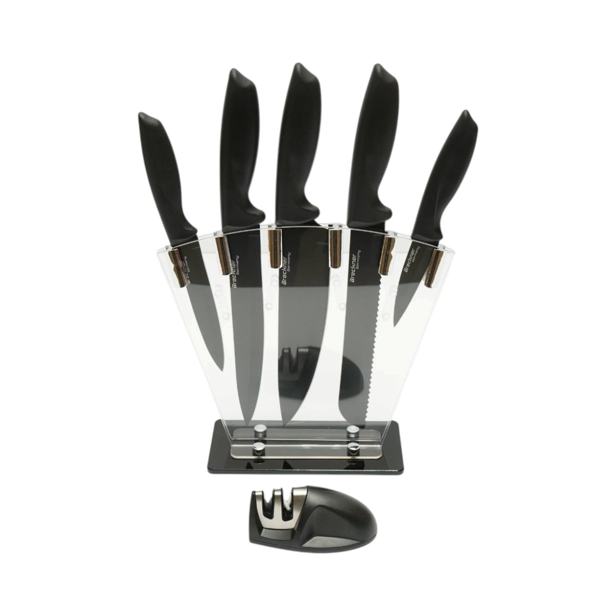 Set cutite bucatarie 7 piese cu suport acrilic si dispozitiv ascutit, lama otel 3Cr13, maner PP Breckner Germany