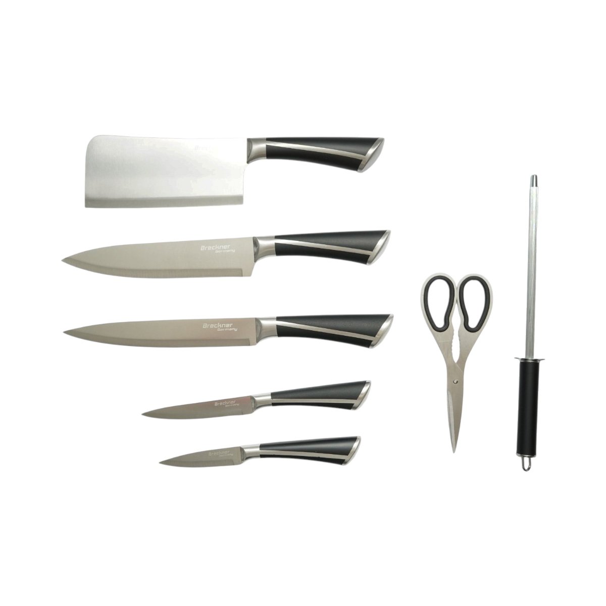 Set cutite bucatarie 8 piese cu suport rotativ acrilic, foarfeca si pila ascutit, lama otel 3Cr13, maner otel 18/0 negru Breckner Germany - imagine 3