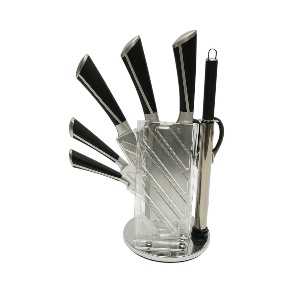 Set cutite bucatarie 8 piese cu suport rotativ acrilic, foarfeca si pila ascutit, lama otel 3Cr13, maner otel 18/0 negru Breckner Germany - imagine 4
