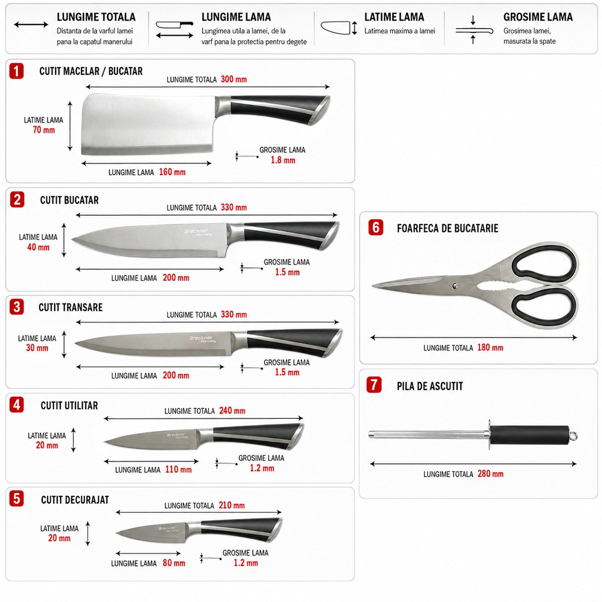 Set cutite bucatarie 8 piese cu suport rotativ acrilic, foarfeca si pila ascutit, lama otel 3Cr13, maner otel 18/0 negru Breckner Germany - imagine 2