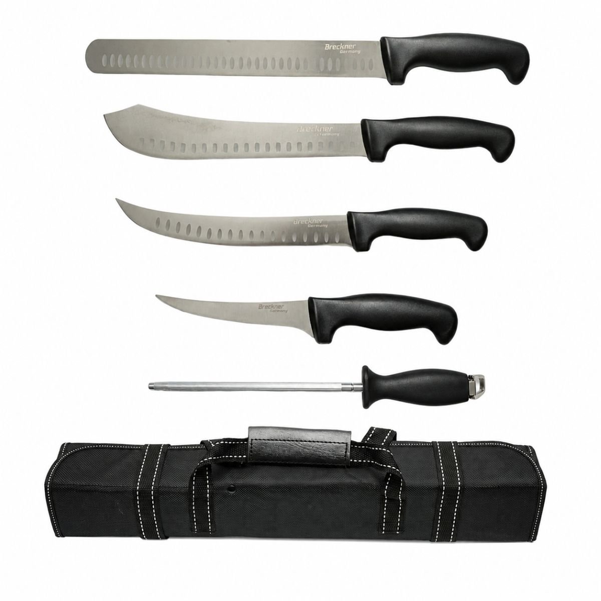 Set cutite macelarie profesionale 5 piese cu geanta, lama otel 5Cr15MoV, maner PP negru Breckner Germany