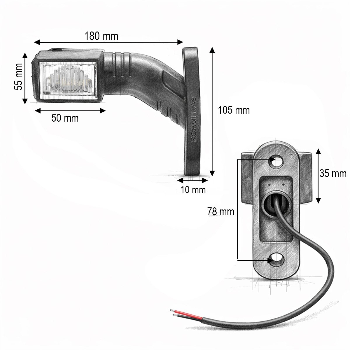Lampa gabarit laterala LED cu brat 12V-24V 3 functii rosu-alb-galben 180mm Breckner Germany - imagine 3