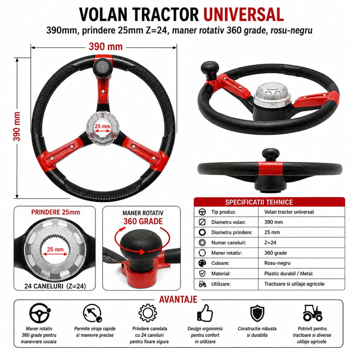 Volan tractor universal 390mm, prindere 25mm Z=24, maner rotativ 360 grade, rosu-negru Breckner Germany - imagine 6