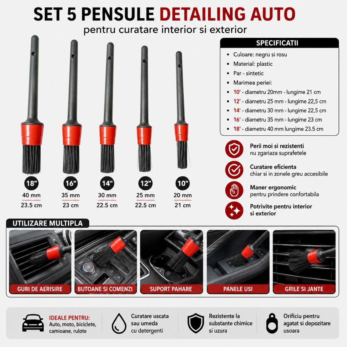 Set 5 pensule detailing curatare interior auto 20-40mm Breckner Germany - imagine 4