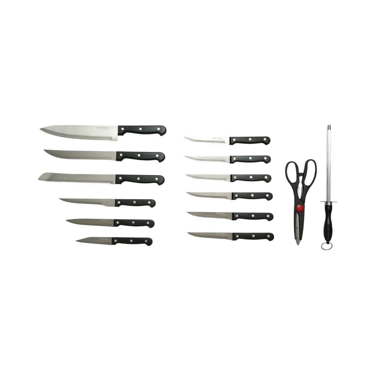 Set cutite bucatarie 15 piese cu suport lemn, foarfeca si pila ascutit, lama otel 3Cr13, maner ABS negru Breckner Germany - imagine 2