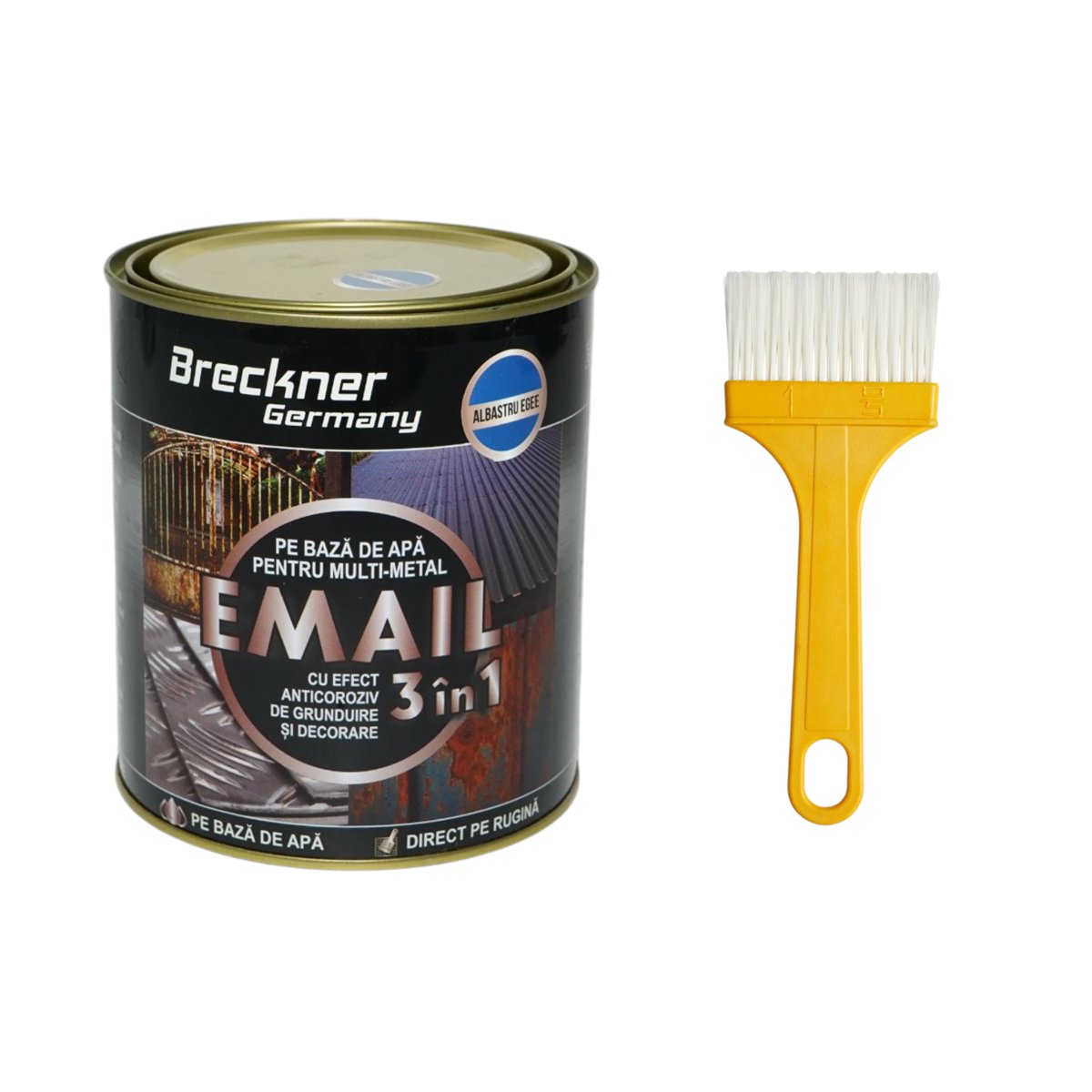 Vopsea email anticoroziva 3 in 1 albastru egee pentru metal 750g, direct pe rugina, pe baza de apa Breckner Germany